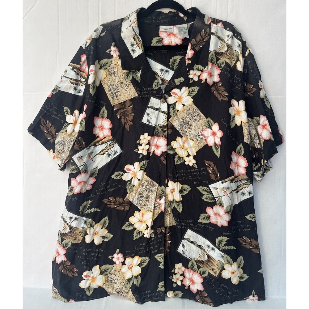 White Stag Plus Floral Button Down Shirt 26W/28W 3/4 Sleeve Missing A Button